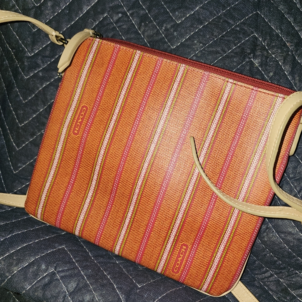 2000's pink and orange striped genuine Coach crossbody purse - Picture 5 of 9
